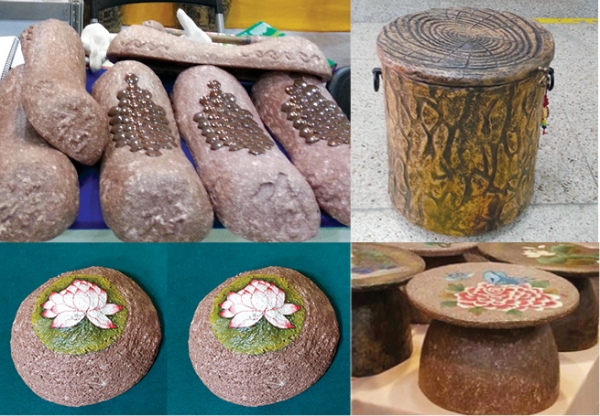 손수 만든 ‘기능성게르마늄 한지’작품들. 목베개, 쌀통, 발오름, 찻상(위 왼쪽부터 아래 오른쪽으로)