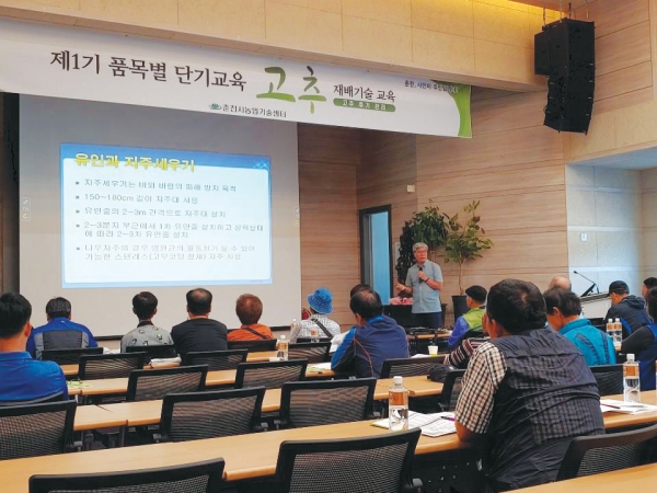 횡성군농업기술센터 곽기웅 연구원이 고추 재배기술에 대해 설명하고 있다.