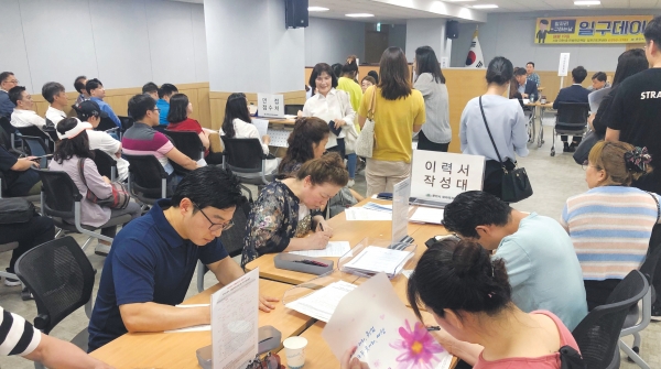 지난 19일 일구데이를 통해 일자리를 구하기 위해 많은 춘천시민들이 지원하고 있는 모습.