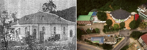 (왼쪽) 선교지 Far East에 실린 신축 당시 사진(1956)(오른쪽) 소양로 천주교회 항공사진(2011)