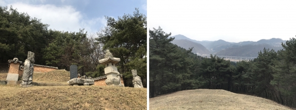 청풍부원군 김우명 묘 전경(왼쪽), 무덤에서 바라본 북한강 방향 (오른쪽)