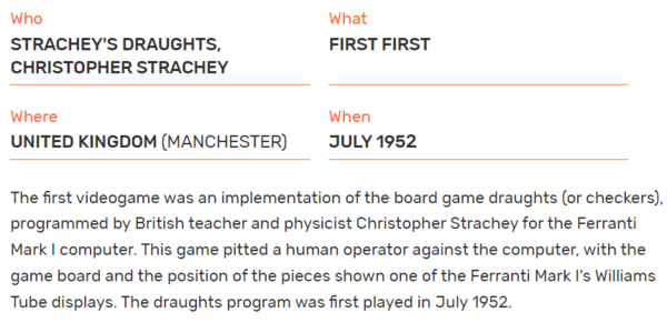 기네스북 홈페이지 화면. 기네스북에 등록된 최초의 비디오 게임은 영국의 크리스토퍼 스트레이치 교수가 개발한 체커 게임이다. *draughts(영)=checkers(미)