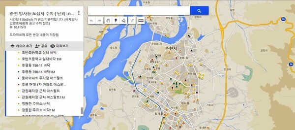 춘천 도심 방사능 수치 지도.