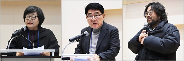 왼쪽부터 주관사인 무진장신문의 김순옥 대표, 바지연 회장인 원주투데이의 오원집 대표, 바지연 새 회장으로 선출된 옥천신문의 황민호 대표. 사진=바지연